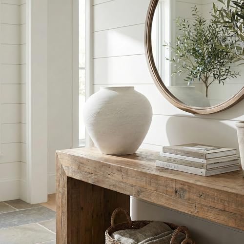 Large White Vase for Centerpieces - 11" Wide Textured Stone Look Metal Flower Vase for Table Decor - Rustic Farmhouse Vases for Living Room Dining Room Home Decor - color: White Large Brushed