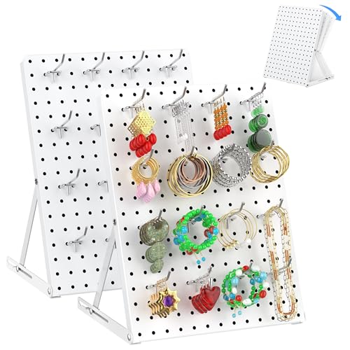2 Pack Pegboard Display Stand, Sturdy Anti-tip Design,Small Peg Board Tabletop with 24 Hooks, Adjustable Metal Peg Board for Vendor Display, Craft Show, Jewelry Display 16''X12'' – White - color: White