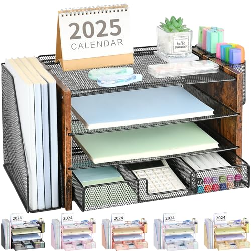 OPNICE Desk Organizer, 4-Tier Desktop File Organizer with Drawer and 2 Pen Holders, Office Desk Accessories, File Sorters, Workspace Organizers for Office Supplies(Brown Wood) - color: Brown Wood, size: 4-Tier
