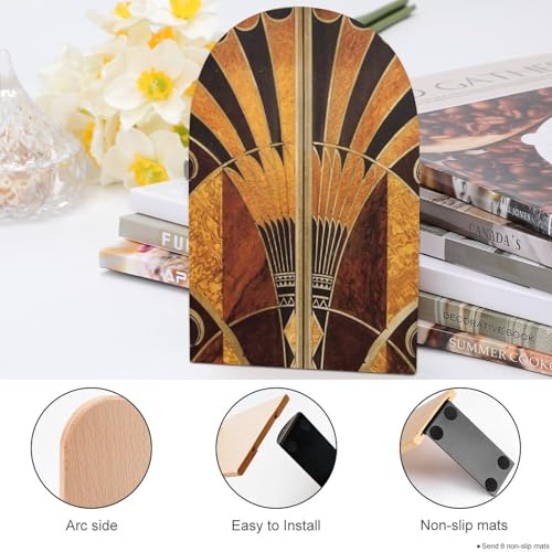 Wooden Bookends 2 Pcs,Art Nouveau Vintage Heavy Duty Office Book Ends Anti Slip Book Shelf Holder with Metal Base Decorative Book Stands - color: Art Nouveau Vintage