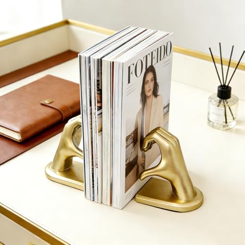 Book Ends Heart Design for Mom, Non-Skid Bookend, Gold Bookends for Shelves, Heavy Duty Resin Book Stopper for Living Room Merch Apartment Bookshelf Birthday Women, 10.22 x 3.93 x 5.11