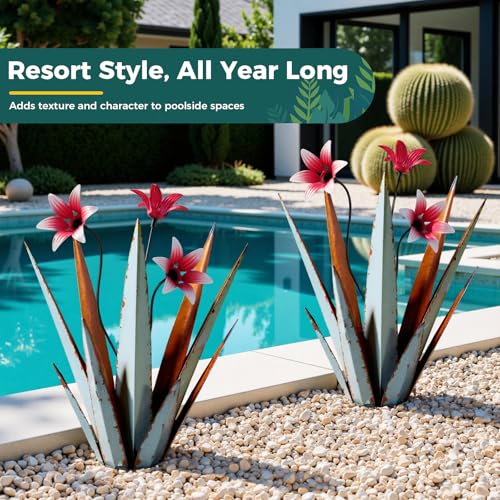 2 Pack Metal Agave Plant Sculptures, Outdoor Agave Plants, Tequila Rustic Sculpture, 16” Hand Painted Garden Decoration Yard Art Plant - color: Retro Blue 2pcs W/ Flower