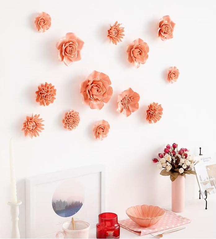 Carnation 3.15" Ceramic 3D Wall Art, Handmade Porcelain Flower Decoration for Home Office Decor (Orange Pink) - color: Orange Pink,Carnation，3.15"