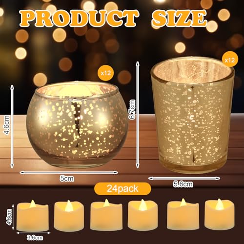 Funnymoom 12 Set Assorted Votive Candle Holders with LED Tea Light Decorative Mercury Glass Votive Tealight Holder Flameless Battery Operated Wedding Centerpieces Bridal Party Table Decoration (Gold) - color: Gold