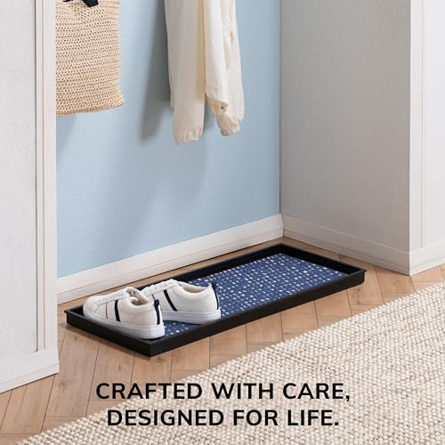 Anji Mountain Rubber Boot Tray with Coir, Fits 3 pair (34.5” wide), Blue & Ivory Insert - color: Blue and Ivory, size: 34" x 14" x 1.5"