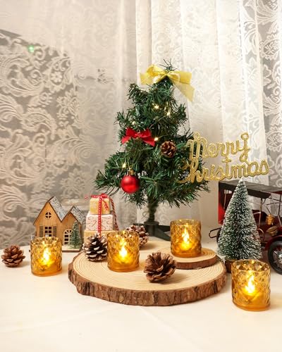 Homemory 2" x 2" Acrylic Votive Candle Holders with Auto Timer Flameless Led Tealight, Battery Powered Fake Electric Candles for Wedding Centerpiece, Table, Christmas Decor (12Pack, Gold Base) - color: Gold, size: 12 Pack
