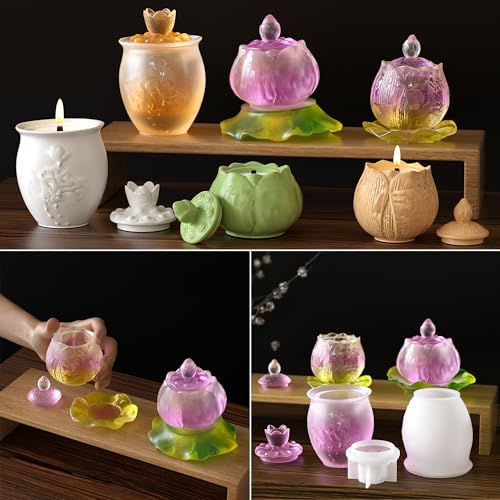 Lotus Embossed Resin Jar Mold with Lid, Silicone Mold for Epoxy Resin Casting, Small Storage Container, Candy Jar, Candle Holder, DIY Home Decor (style7)