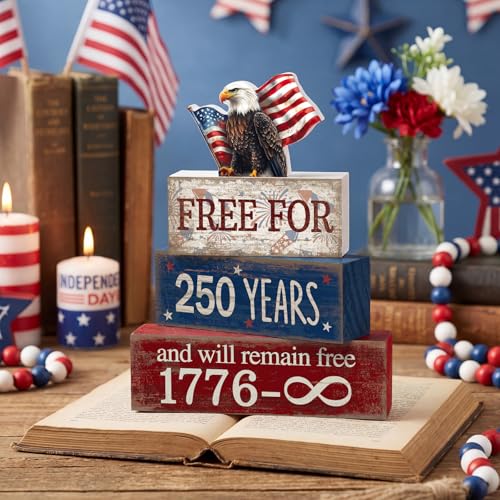 CroBlissful 4 Pcs 250th Anniversary 4th of July Decorations Patriotic Memorial Day Tabletop Decorations America Eagle Red White Blue Table Centerpieces USA Sign for Office Tiered Tray Home Shelf - style: 250 Years