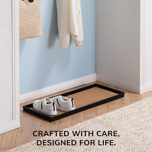 Anji Mountain Heavy Duty Waterproof Rubber Shoe Storage Mat Organizer/Boot Storage Tray Multi Use For Entryway with Coir, Tan and Blue Insert , Fits 3 Pair (34.5" Wide) - color: Tan and Blue, size: 34" x 14" x 1.5"