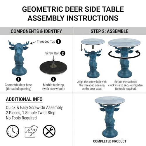 Deer Side Table for Living Room - 20" Faux Marble Top Accent End Table with Hand-Carved Resin Deer Statue Base - Modern Round Bedside Table for Bedroom, Patio, Entryway, Gift - Tool-Free Setup - color: Blue Deer