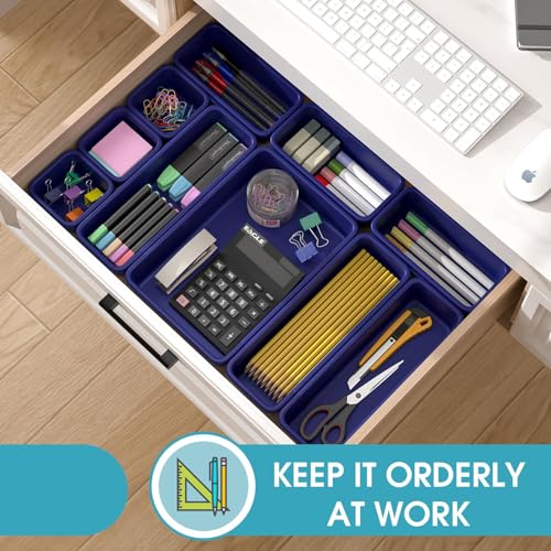 10 PCS Drawer Organizer Set, 4 Size Makeup Drawer Divider Organizer With Non-Slip Pads, Interlocking Plastic Storage Bins for Office,Jewelry Vanity,Gadgets, Bathroom,Kitchen, Navy - color: Navy, size: 10Pack