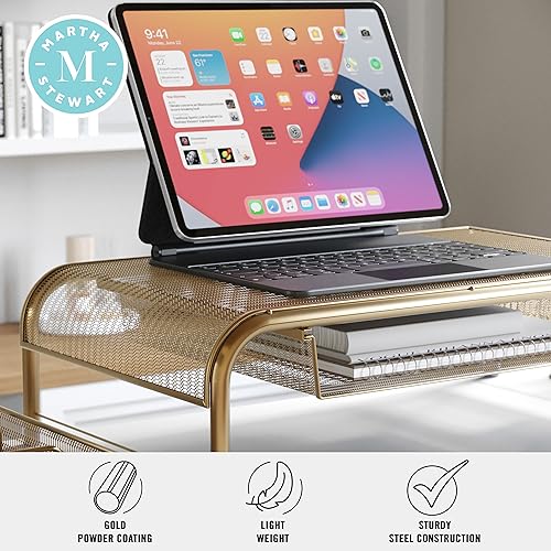 Martha Stewart Ryder Gold Mesh Metal Desktop Monitor Stand Riser with Organizer Drawer and Side Storage