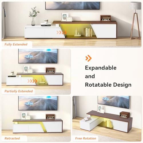 Verano Garden Extendable TV Stand with Led Lights, Wood TV Media Console with 2 Drawers & 1 Cabinet, Modern Entertainment Center Up to 90 Inch TV for Living Room Bedroom, 63" - 90.6" (White & Walnut) - color: White & Walnut