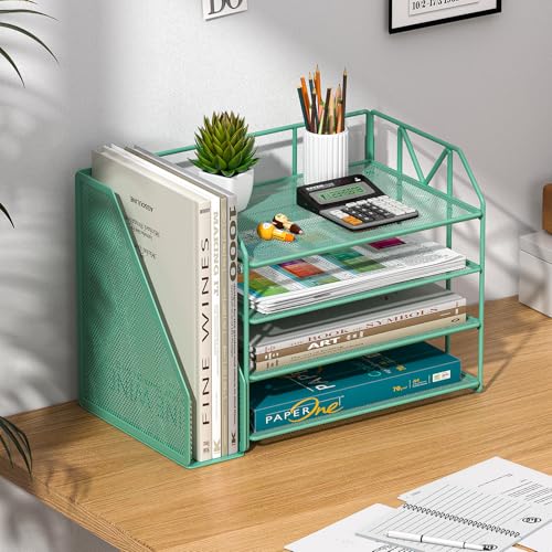 4-Tier Paper File Organizer with Drawer, Metal Desk Organizer, Tiered Paper Tray for Letter/A4 Files, Desktop Office Supplies Storage Rack, Green - color: 4-Tier Green with Bookend
