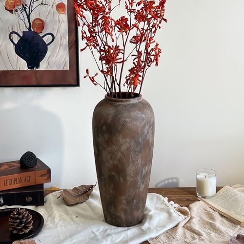 15 Inch Vintage Farmhouse Decor Ceramic Rustic Vase, Handmade Brown Flower Vases for Centerpieces, Living Room & Kitchen Shelf Decorative Pottery Vase for Home Decor - color: Brown, size: Large