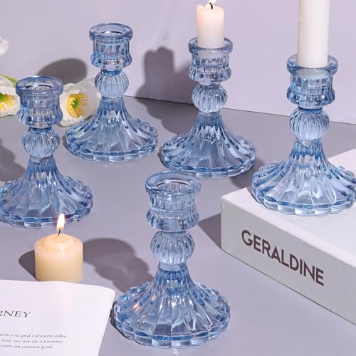 DARJEN 12PCS Blue Candlestick Holders Set- 4" H Taper Candle Holders, Glass Candle Holders Bulk for Wedding, Party, Home Table Centerpieces, Festival Gifts & Windowsill Decor - color: Blue Striped Pattern