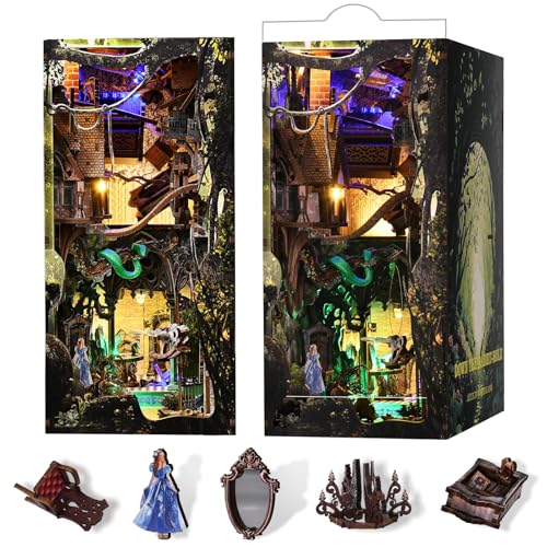 MiniCity DIY Book Nook Kit for Adults, 3D Wooden Puzzle Bookend Bookshelf Insert Decor with LED Light and Dust Cover (Down The Rabbit-Hole Alice in Wonderland) - style: Down The Rabbit-Hole Alice in Wonderland
