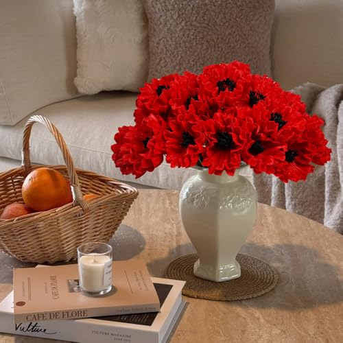 Melorca&Guilla Artificial Flowers,24Pcs 13.5inch Red Poppy Fake Flowers,Real Touch Faux Flowers, Spring Décor Fake Silk Flowers for Wedding Kitchen Shop Office Home Décor (24, Red Cornpoppy) - color: Red Cornpoppy