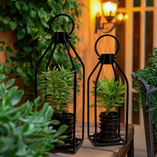 Homemory Modern Farmhouse Lantern Decor with Waterproof Flameless Candle & Remote Timer, 2PCS Black Metal Candle Lantern Decorative for Outdoor Indoor Home Living Room Patio Porch Table - color: Black
