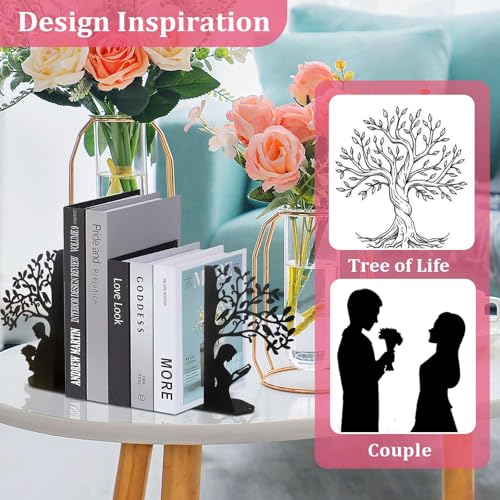 Tree of Life Bookends Decorative Couple Book Ends for Shelves, Black Metal Bookends for Heavy Books, Book Organizer for Desk Bookshelf Home Office Book Stopper Valentines Day Gifts for her - color: Black Tree