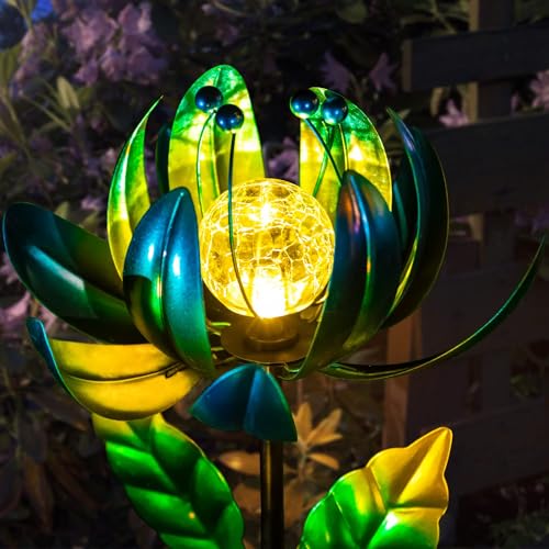 Solar Garden Lights Metal Flower Decor, Colorful Spinning Windmill Lotus Pathway Ligths with LED Cracked Crystal Ball Outdoor Decorative Stake Lighting Waterproof Flower Sculpture for Patio Yard - color: Multicolor