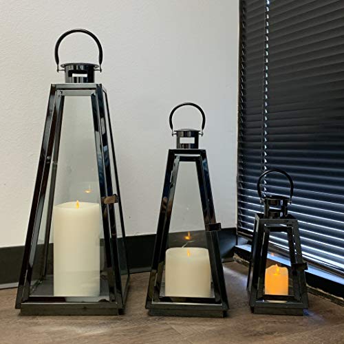 Allgala 3-PC Lantern Set 24 Inch Jumbo Deluxe Modern Indoor/Outdoor Candle Lantern Set Black Stainless Steel Tapered Trapezoid Frame with Tempered Glass for Garden Patio Fireplace Wedding - color: Taper Black