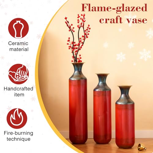 Floor Vases, Tall Home Decor Metal Vase Set of 3 Large Glazed Decorative Vases for Wedding Decor, Elegant Modern Flower Holder for Living Room, Entryway, Hallway, Dining Room - color: Gradient Red