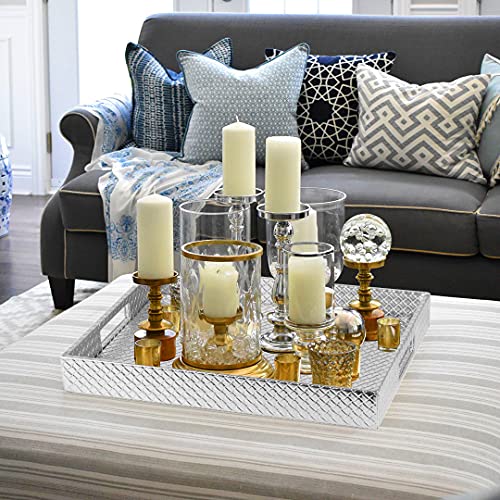 HofferRuffer Rectangle Serving Tray with Hole Handles for Coffee Table, Breakfast, Tea, Food, Butler - Countertop, Kitchen, Vanity Serve Tray, 16.2 x 12.2 x 2 inches, Faux Leather (Silver) (Pack of 2) - color: Silver, size: 16.2" x 12.2" x 2" (Pack of 2)