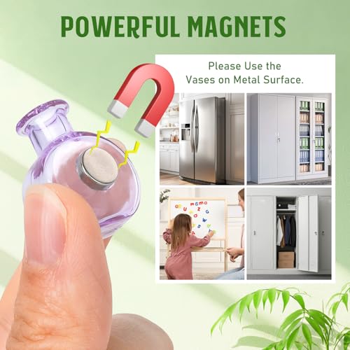 8PCS Mini Glass Vase Refrigerator Magnets with Artificial Flowers, Cute Tiny Flower Fridge Magnets for Refrigerator Office and Kitchen Cabinet Decoration