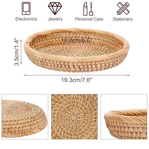 Handwoven Rattan Small Key Bowl - 7.6 Inch Round Catch All Tray for Keys,Coins, Wallet, Jewelry - Natural Wicker Organizer for Entryway, Desk, Nightstand