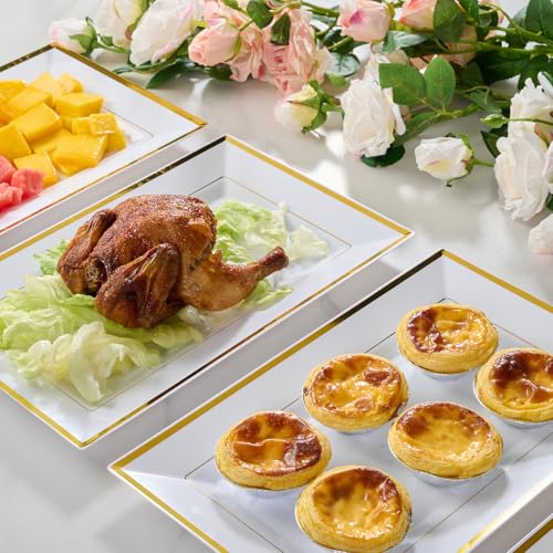 FOCUSLINE 8 PCS Plastic Serving Trays, White and Gold Rim Plastic Serving Platters, Disposable Tray for Food, Perfect for Wedding Parties - color: White