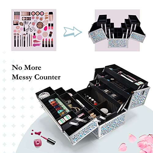 Joligrace Makeup Train Case Large 6 Tray Professional Organizer Box - Cosmetic Make Up Carrier with Lock & Key Carrying Strap for Studio Artist & Stylist Silver - Holographic Iridescent Style - color: Holographic