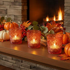 6 Pack Patented Sun Moon Star Embossed Glass Tea Light Candle Holders - Unique Votive Candle Holders for Wedding, Party, and Table Centerpieces (Pumpkin Spice) - color: Pumpkin Spice