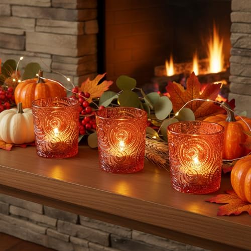 6 Pack Patented Sun Moon Star Embossed Glass Tea Light Candle Holders - Unique Votive Candle Holders for Wedding, Party, and Table Centerpieces (Pumpkin Spice) - color: Pumpkin Spice