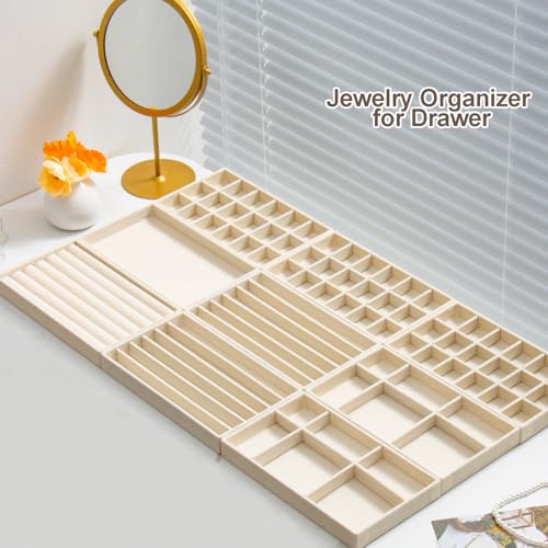 SPAKOWN Jewelry Drawer Organizer Inserts Set of 9, Jewelry Trays for Drawers Velvet Jewelry Organizer Tray Drawer Jewelry Organizers and Storage for Earring Ring Necklace Watch Bracelet (Beige) - color: Beige