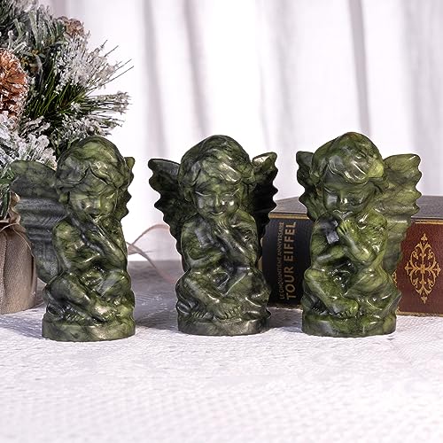 Nupuyai Natural Green Jade Baby Angel Praying Statue for Home Office Decor, Healing Carved Guardian Angel Figurine Collectible Sculpture for Reiki Healing Meditation - size: 3.93-4.05''