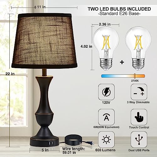 Luvkczc Black Touch Table Lamps Set of 2, 22" Tall Bedside Lamps with USB C+A Charging Ports, Nightstand Lamps for for Bedroom, Living Room, Office, with Black Lampshade, LED Bulb Included - color: Black, size: 22in