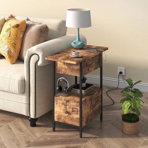 SOOWERY End Table with Charging Station, Narrow Side Table with Flip Top Cabinet and Fabric Drawer, Nightstand Bedside Tables for Small Spaces, Bedroom, Living Room, Rustic Brown - color: Rustic Brown