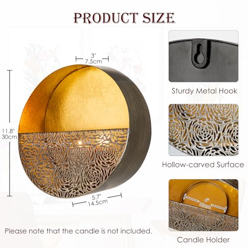 Luxury Metal Wall Candle Sconces – Large Handcrafted Wall-Mounted Tealight Candle Holders with Gold Leaf Interior – Modern & Rustic Home Décor for Living Room, Hallway – 11.8" Bronze Single Piece - color: Bronze - Cut Outs, size: Large