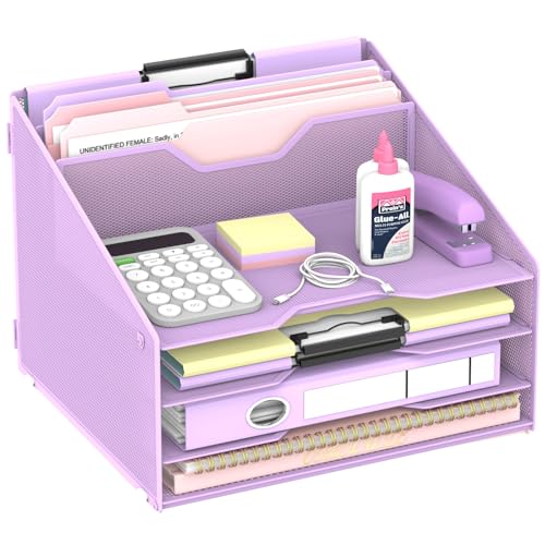 Desk File Organizer, Paper Organizer with 4 Letter Trays and 2 Vertical Upright Sections, Desk Organizers and Accessories for Office, School, Home (Purple) - color: Purple