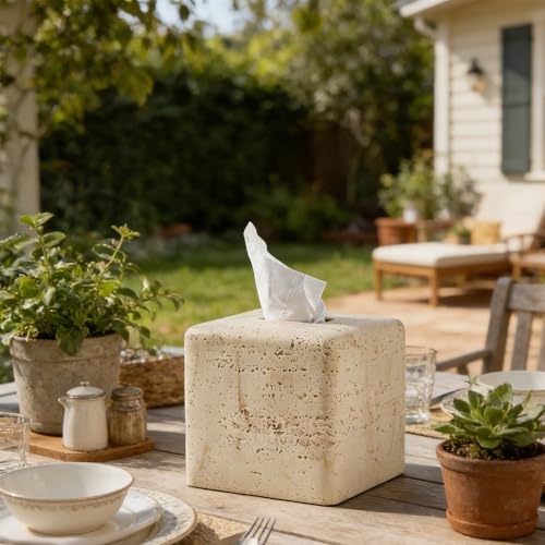 Natural Travertine Textures Tissue Box Cover Square for Home Decor,Resin Heavy Tissue Box Holder for Bathroom Countertop,Tabletop,Bedside Table,Office (Handmade of Resin) - color: Yellow Stone