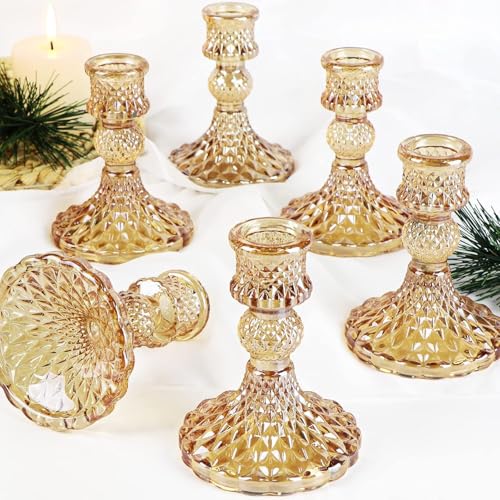 Taper Candlestick Holder Set of 6, Gold Candle Holders & Vintage Candlestick Holders, Glass Candle Holder for Table Centerpieces, Fall, Christmas, Autumn, Thanksgiving Decor - color: Gold, size: Crystal
