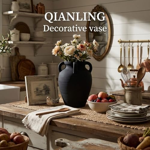 Handmade Black Vase - 8.2" Tall Terracotta Vases with 4 Ear Design, Wide Mouth Vintage Vases, Rustic Antique Decor Matte Finish Black Ceramic Vase for Home Decor, Living Room, Table, Fireplace Decor - color: Black, size: Small