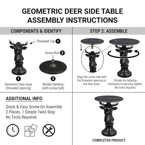 Deer Side Table for Living Room - 20" Faux Marble Top Accent End Table with Hand-Carved Resin Deer Statue Base - Modern Round Bedside Table for Bedroom, Patio, Entryway,Gift - Tool-Free Setup - color: Black Deer