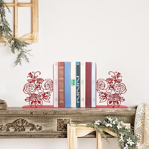 Cute Bookends, Unique Decorative Book Ends with Rose Design - Ideal Gift for Book Lovers, Fit for Library, Study, and Bookshelf Display (Red)