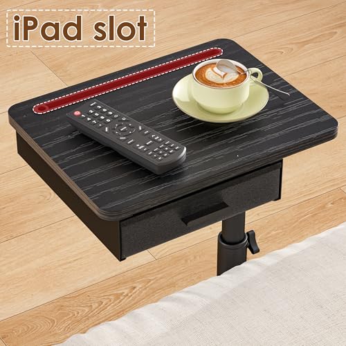 TV Tray with Drawer & Device Slot, Swivel Height Adjustable bedside table, Sofa Side Table for Eating, C Shaped Couch Table for Living Room & Bedroom, Portable Snack End Table for Couch & Bed, Black - color: Black