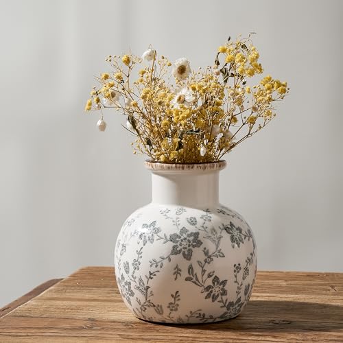 SIDUCAL Ceramic Vintage Vase, 5.91 Inch Retro Ice Cracked Chinoiserie Floral Vase, Rustic Farmhouse Vases for Home Decor, Bookshelf, Garden, Chinoiserie Decor, Tuscan Decor, Gray Floral Pattern - color: 18795-gray