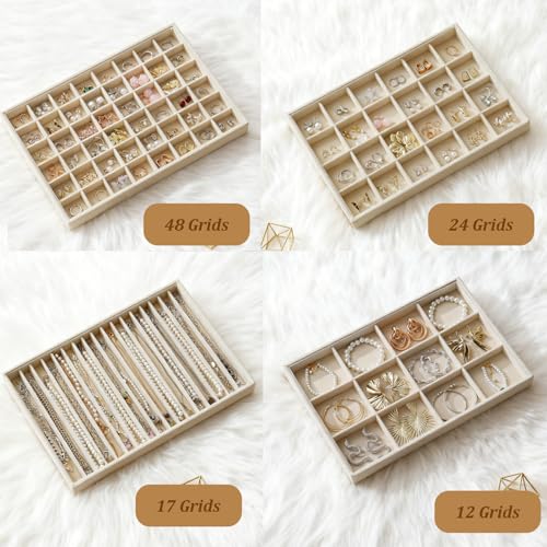 Large Jewelry Drawer Organizer Trays Set of 4, Stackable Velvet Jewelry Trays Organizer Holder Display Storage Showcase for Earring Necklace Bracelet Ring Accessary (Beige, 12+17+24+48 Grids) - color: Beige, size: 12+17+24+48 Grids