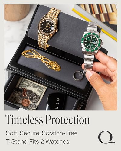 QWATCH Watch Stand Display Case - Acrylic Watch Box for 2 or 4 Watches with Jewelry Valet Tray and Drawer - color: Single - Black / Charcoal