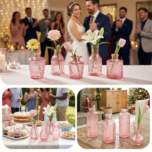 Glass Bud Vases in Bulk Set of 17, Pink Small Mini Vases for Flowers, Vintage Vase for Centepiece,Wedding, Table Decor, Baby Shower, Christmas, Home and Events - color: Pink